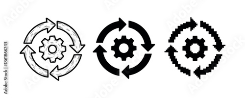 Set of three gear cycle icons representing process and automation concepts