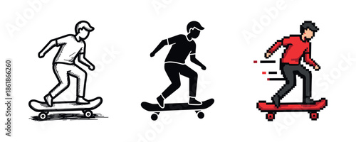 Stylized young male skateboarders in minimalist and pixel art styles