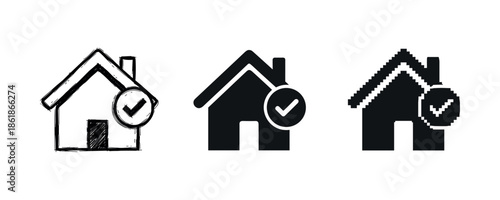 Set of three house icons with check mark in different styles