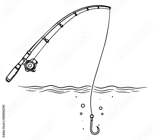 Hand drawn line art illustration of a fishing rod depicting a hook submerged in water with surface waves for a fishing hobby