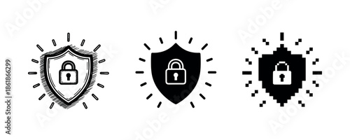 Shield and padlock icons representing security and protection in various styles