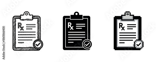 Set of medical clipboards with prescription icons in three styles