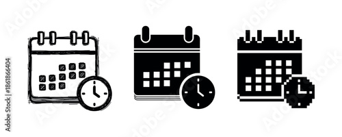 Set of three stylized calendar icons with clocks