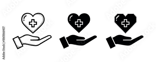Hand holding heart with medical cross icon set in various styles