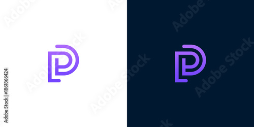 A stylized letter P logo displayed on contrasting white and dark blue backgrounds