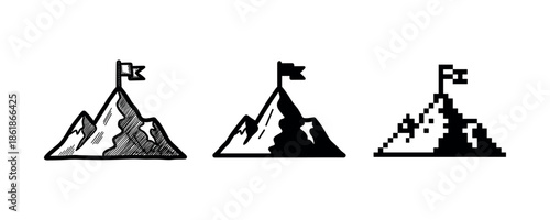 Three mountain icon styles: hand-drawn, vector, pixel art with flags