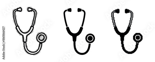 Triple stethoscope styles: hand-drawn, standard, pixelated silhouettes