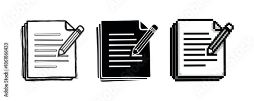 Three hand-drawn document icons with pencils in black, white, and negative space style