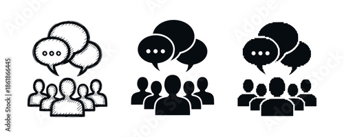 Abstract chat icons: group communication symbolized in black and white design
