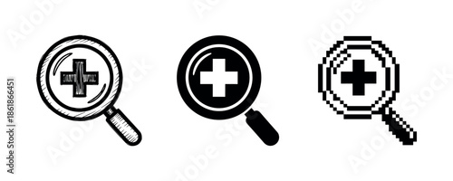 Magnifying glass icons with medical cross in different styles