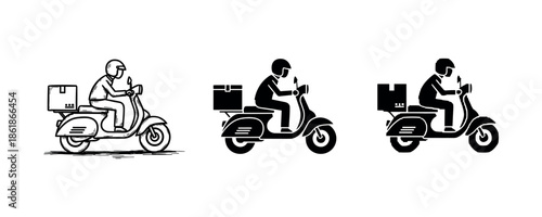 Scooter delivery icons: male riders on motorbikes with helmets and packages