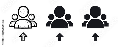 Icons of group with upward arrows in sketch, solid, and pixelated styles