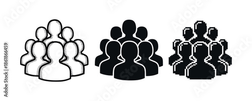 Stylized groups of people icons in sketch, solid, and pixel art styles