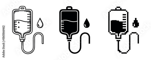 Three styles of infusion bag icons with liquid and droplet elements