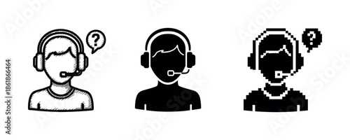 Three styles of customer service avatars: hand-drawn, solid silhouette, pixel art