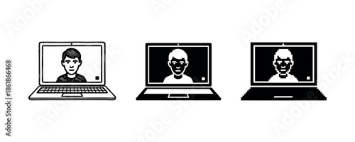 Set of three pixel art laptops with abstract male avatars