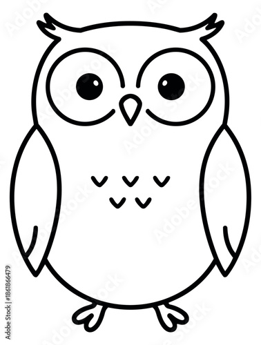 Simple hand drawn line art illustration of an owl depicting a friendly cartoon character for kids' learning