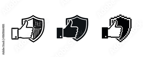 Thumbs up with shield icons: sketch, solid, and pixel art styles