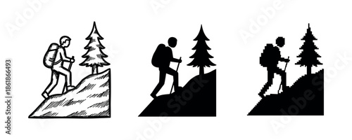 Silhouette and sketch of hiker climbing hill with pine tree
