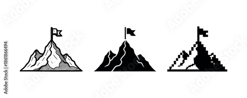 Three mountain icons with flags: hand-drawn, solid, and pixelated designs