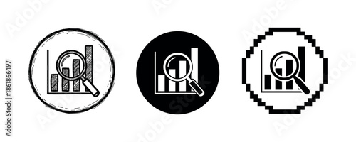Magnifying glass and bar graph icons: sketch, solid, pixel styles