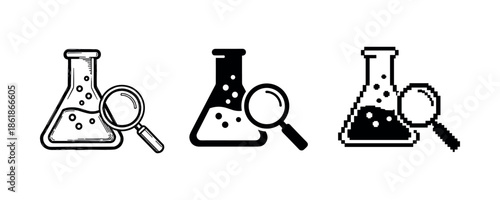 Three stylized laboratory flasks with magnifying glasses in different art styles