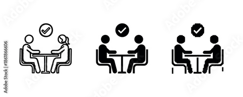Business meeting icon set featuring two people at a table with checkmark symbol