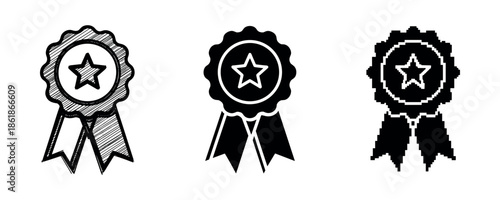 Set of three awards: sketch, solid, pixel styles with star and ribbon design