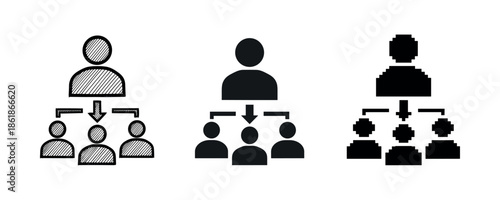 Human icon set with organizational hierarchy arrangement in three styles
