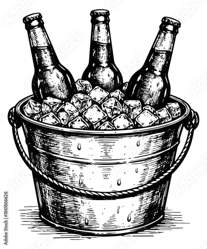 Hand drawn line art illustration of beer bottles in an ice bucket depicting chilled beverages for a summer party