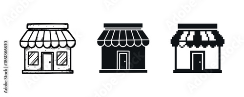 Set of three vintage storefront icons: black and white shop designs