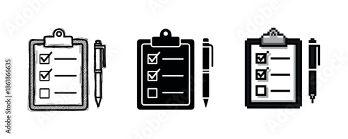 Stylized checklists with pens: sketch, solid, and pixel art variations