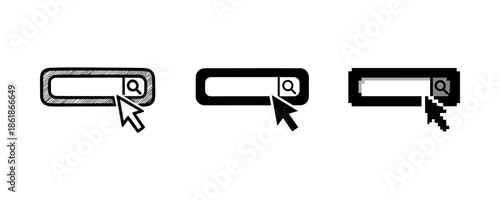 Set of three black and white search bars with cursor icon variations