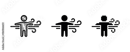 Wind icon set: sketch, solid, pixel art figures embracing breeze