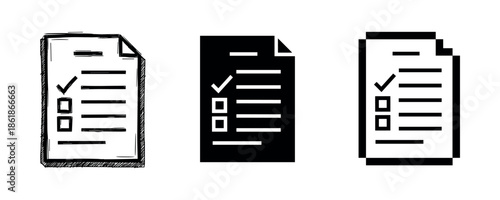Three graphic designs of checklists: sketch, solid, outline versions