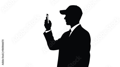 Silhouette of a man in suit and cap holding smartphone on white background
