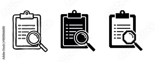 Icon set: clipboard with magnifying glass - outline, filled, glyph styles