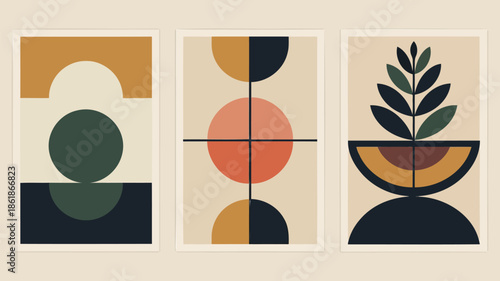 Modern abstract art prints with geometric shapes and plants