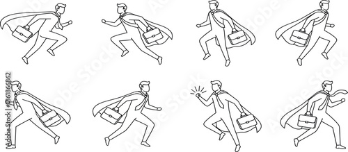 Multiple illustrations of a person running with a cape, showcasing various dynamic poses and movements