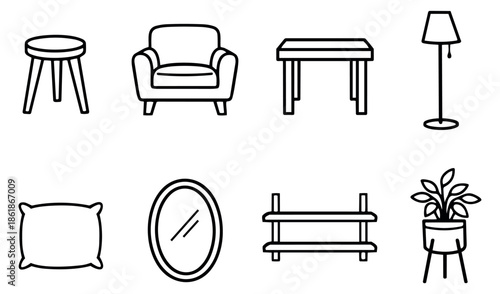 Hand drawn line art home furniture and decor set featuring a stool, armchair, table, lamp, mirror, bookshelf, pillow, and plant for interior design