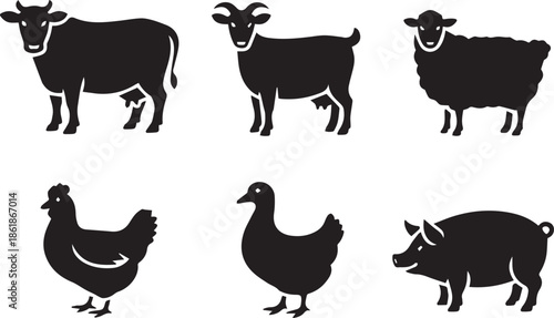 Set of farm animal silhouettes, black and white vector illustration of cows, pigs, chickens, goats, and other domestic animals, isolated collection for agriculture and farm concepts