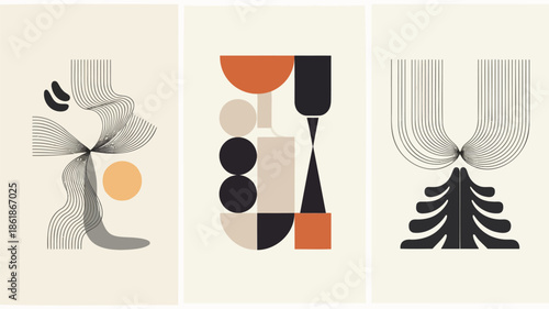 Modern abstract art with geometric shapes and lines in black, beige, and orange hues