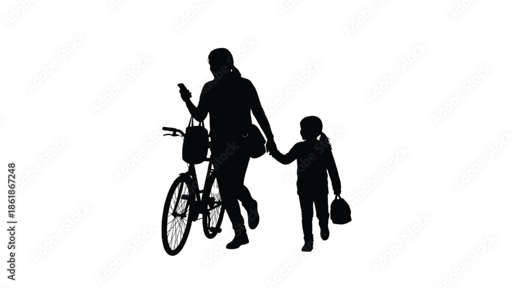 Obraz premium Silhouette of Woman and Child Walking with Bicycle