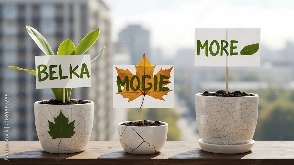 Obraz premium Three Potted Plants With Signs