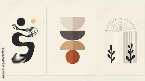 Modern minimalist art prints with abstract shapes and neutral tones