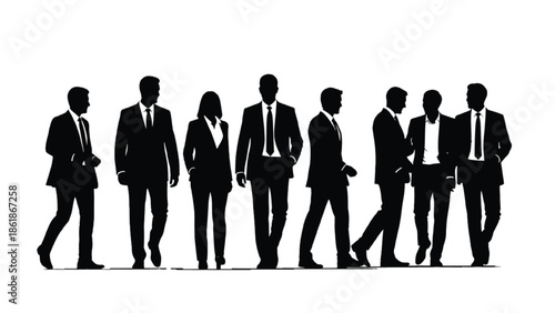 Silhouettes of business people walking and conversing in suits