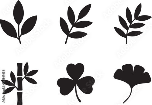 Set of leaf silhouettes, black and white vector illustration of various leaves, isolated collection for nature, eco, and botanical design concepts