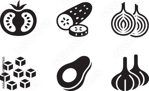 Set of vegetable silhouettes, black and white vector illustration of assorted vegetables, isolated collection for food, farming, and healthy lifestyle concepts