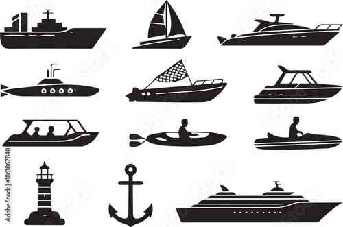 Set of ship icons, black and white vector illustration of various ships and boats, isolated collection for sea transportation, maritime, and travel concepts