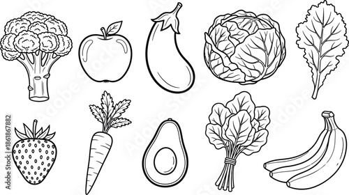 Collection of healthy fruits and vegetables in line art